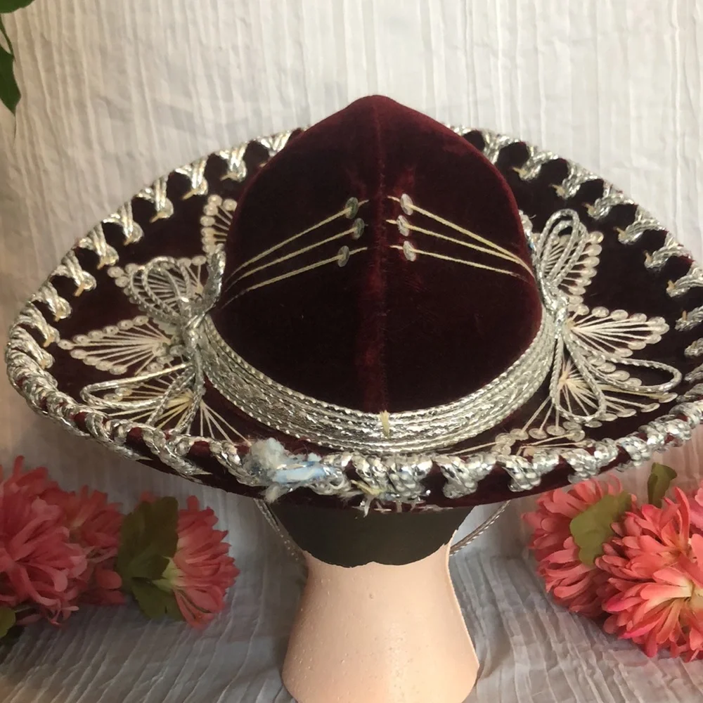 SALAZAR YEPEZ HATS maroon & silver beaded Mexican childs hat w/adjust neck strap